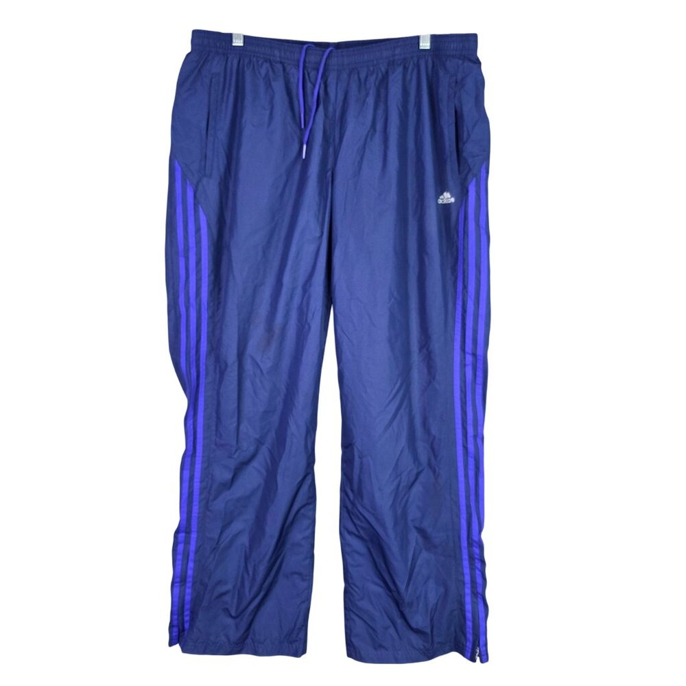 Mens Vintage Adidas Navy Purple Striped Track Pants 100% Polyester Drawstring XL